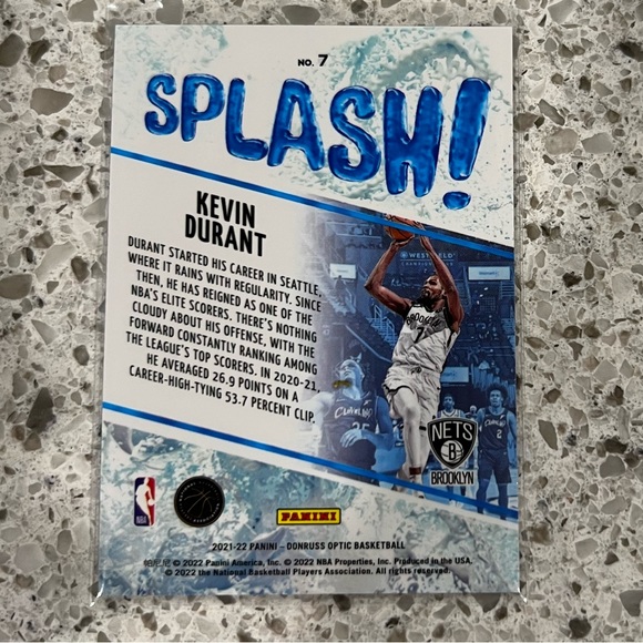 KEVIN DURANT “SPLASH” CARD NBA OPTIC 2021-22 BROOKLYN NETS - Picture 2 of 2